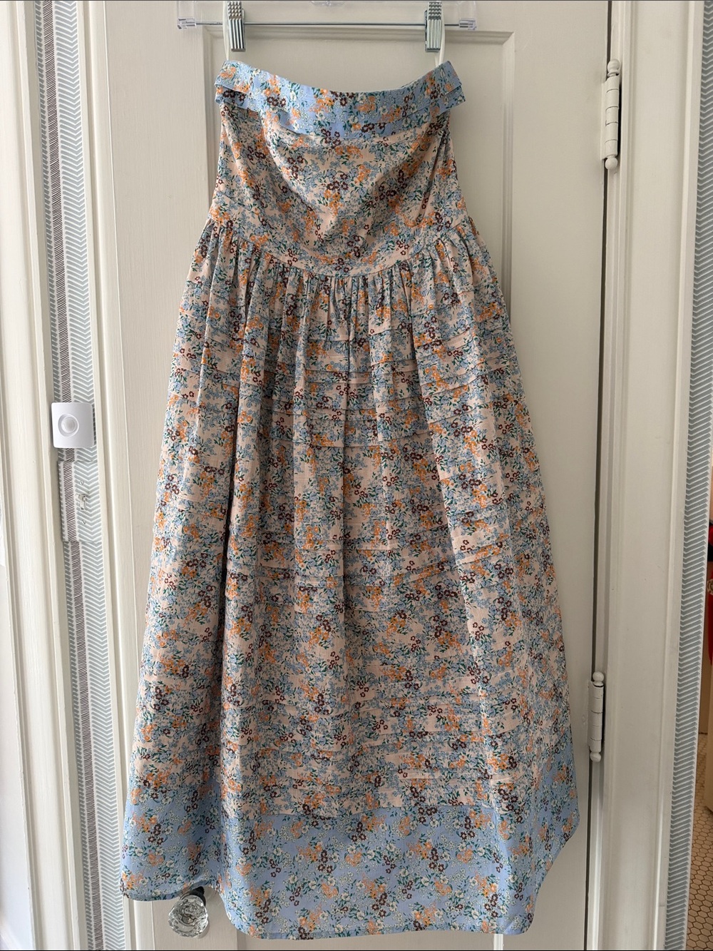 HUNTER BELL Light Blue and Peach Floral Strapless Dress